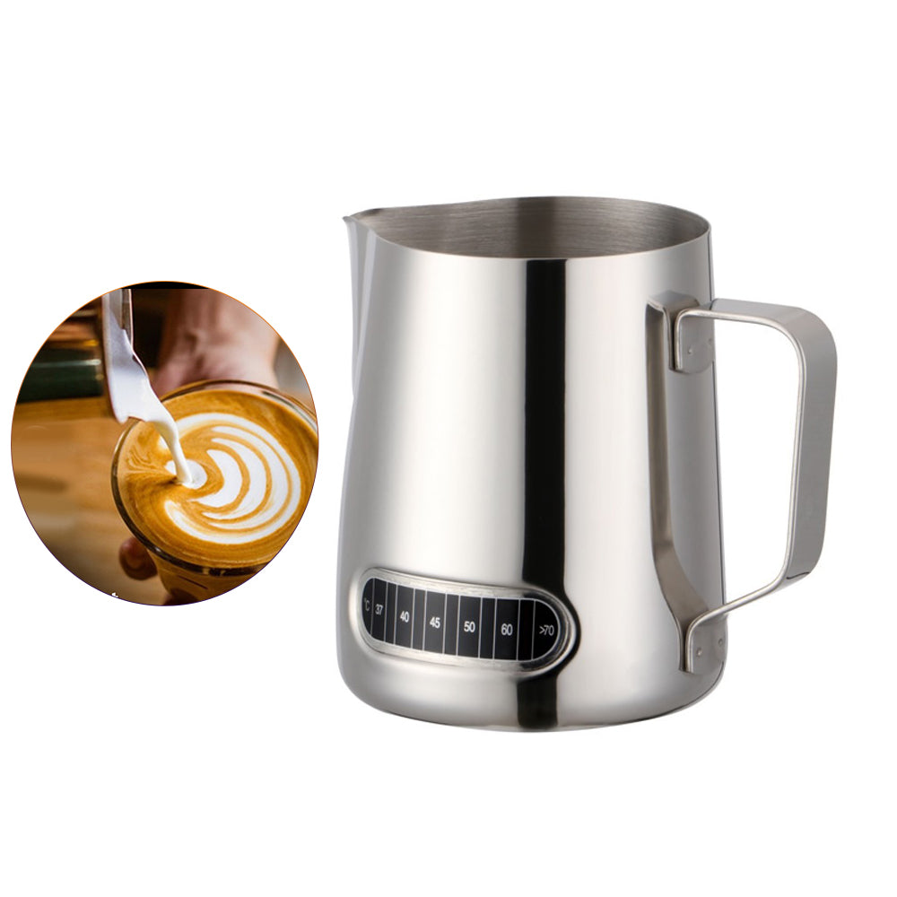 600ml Stainless Steel Milk Jug w/ Thermometer. Seven Trees Coffee