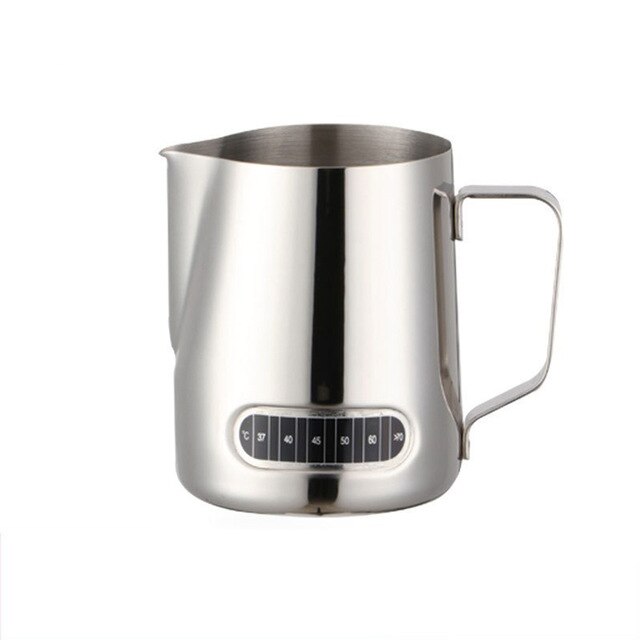 600ml Stainless Steel Milk Jug w/ Thermometer. Seven Trees Coffee