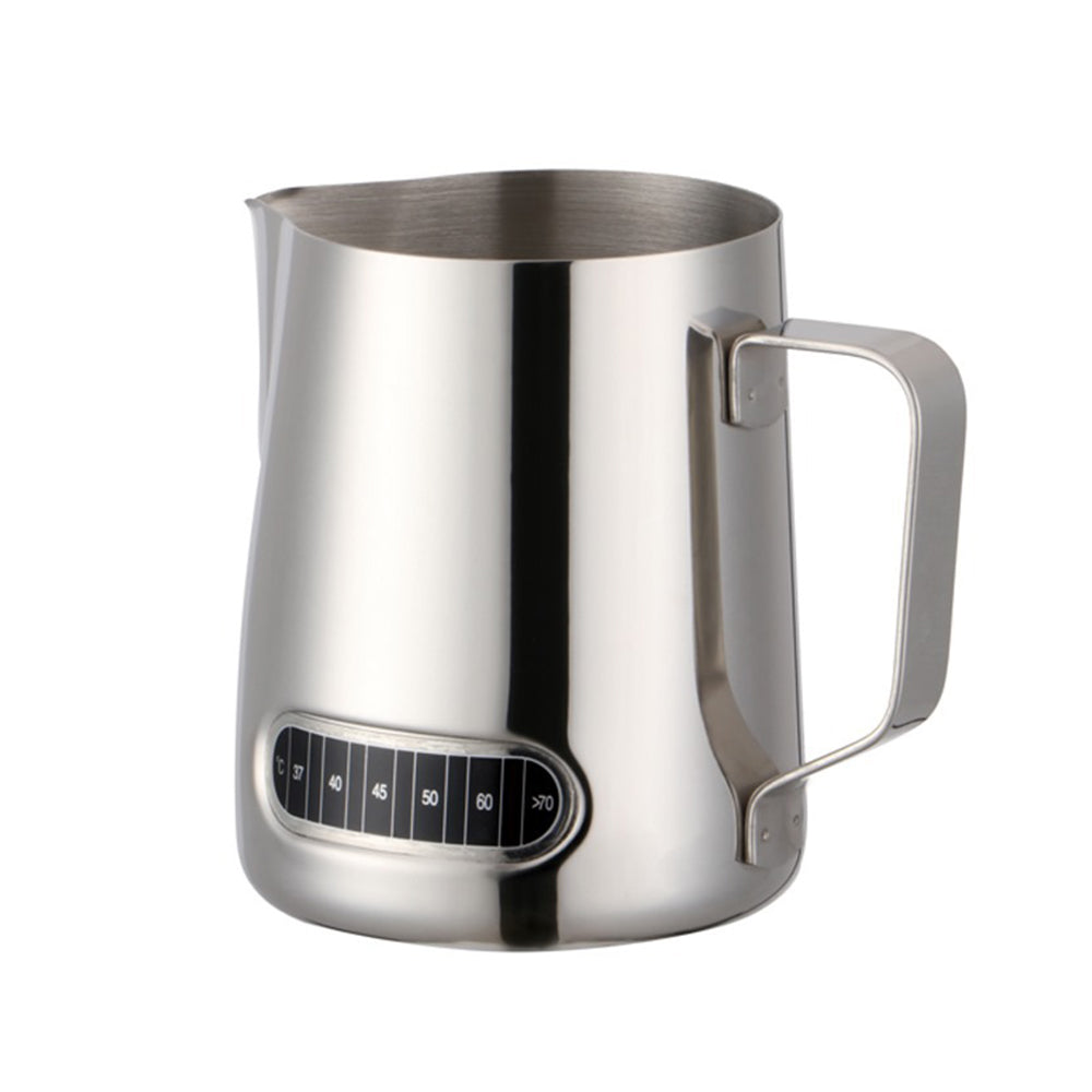 600ml Stainless Steel Milk Jug w/ Thermometer. Seven Trees Coffee