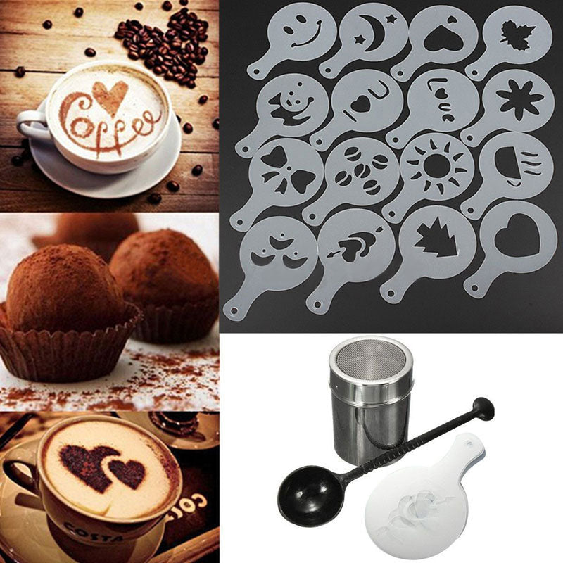 Stainless Steel Chocolate Shaker with 16 Pcs Plastic Coffee Art Stencils Seven Trees Coffee